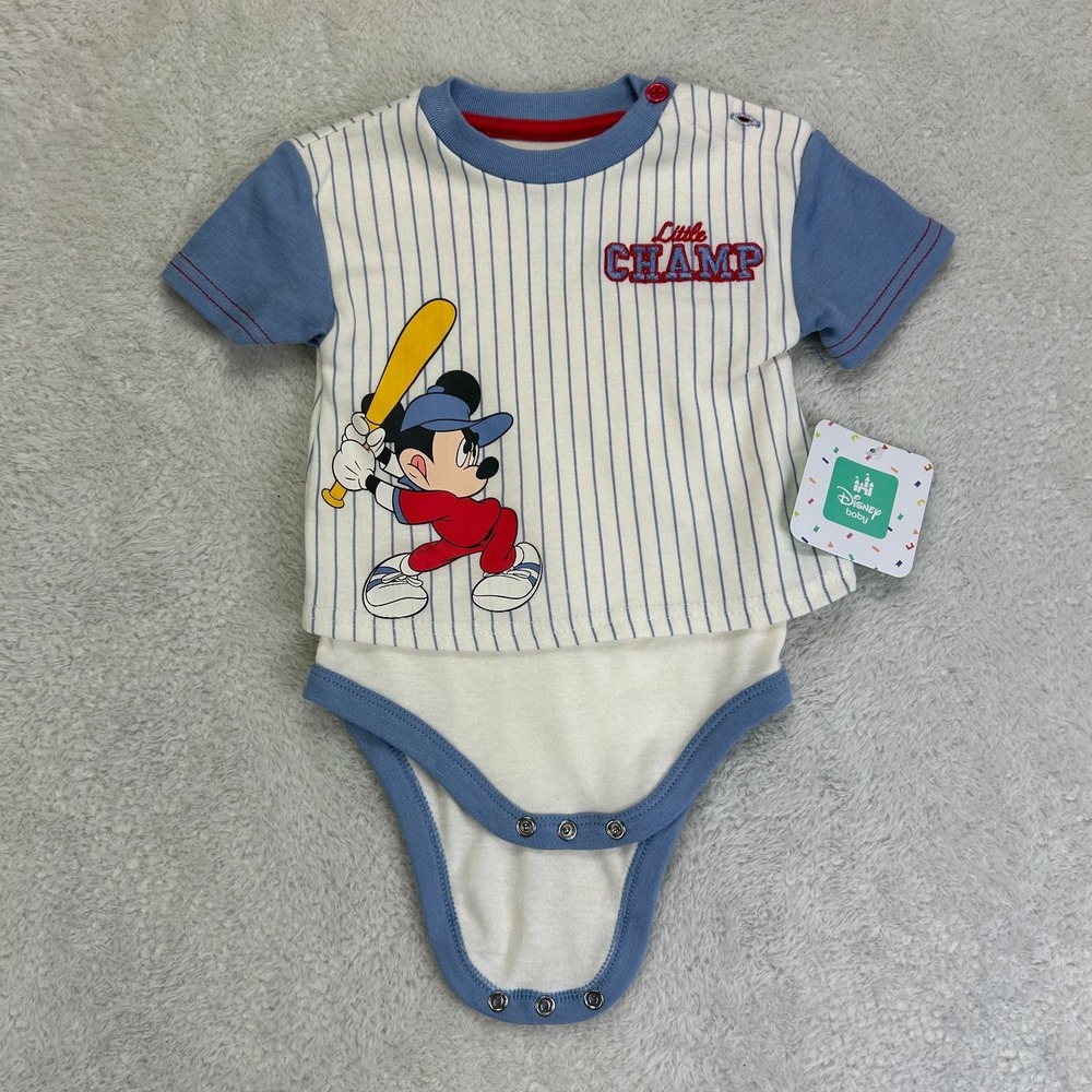 NWT Disney Baby Mickey Mouse Little Champ One Piece 6-9M Blue Pine Striped